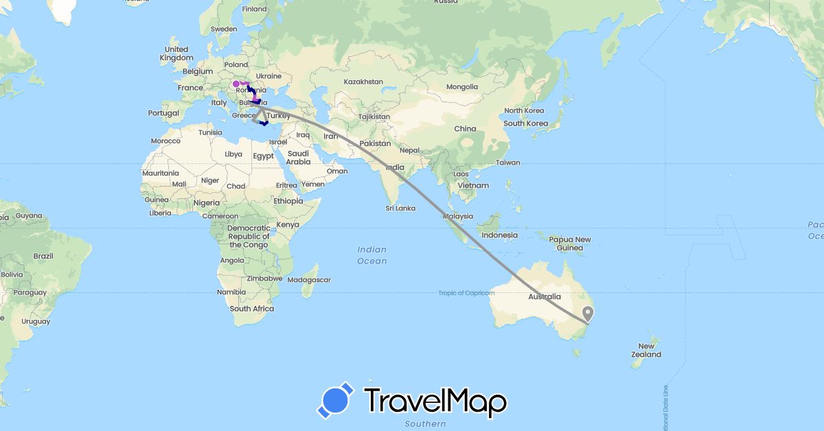TravelMap itinerary: driving, plane, train, boat in Australia, Bulgaria, Greece, Hungary, Romania, Turkey (Asia, Europe, Oceania)